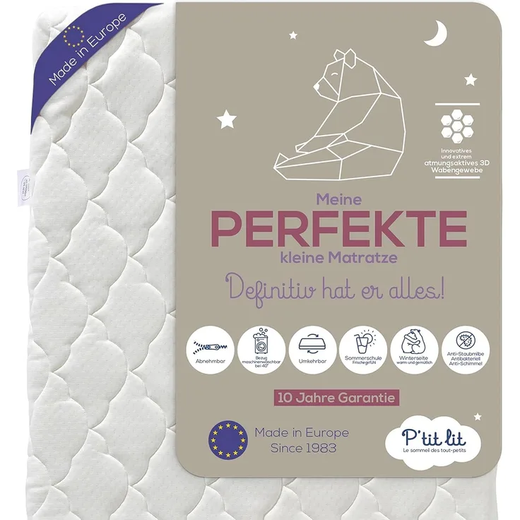 P'tit Lit - Perfekte Babymatratze | 60x120 cm | 2 Seiten: Ultra atmungsaktiv im Sommer/warm und gemütlich im Winter | Anti-Milbe | Abnehmbar | OekoTex® | Dicke bis zu 10 cm