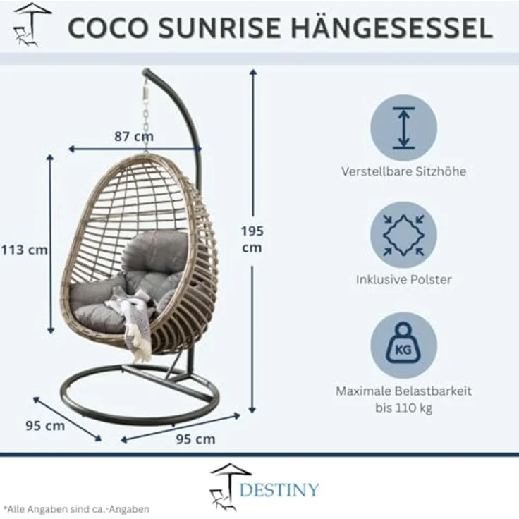 Destiny Hängesessel COCO SUNRISE, Stahl, Polyrattan, mit Gestell, inkl. Auflagen – Bild 2