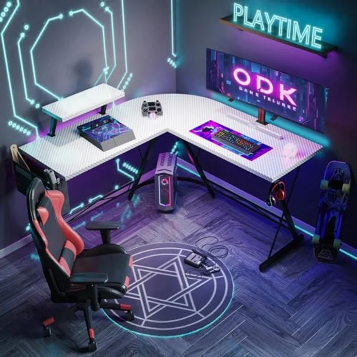 ODK Gaming Tisch, Computertisch, Gaming Schreibtisch mit runder Ecke, Gaming-Tisch mit Monitorablage (Kohlefaser Weiß, 127x127 cm) – Bild 3