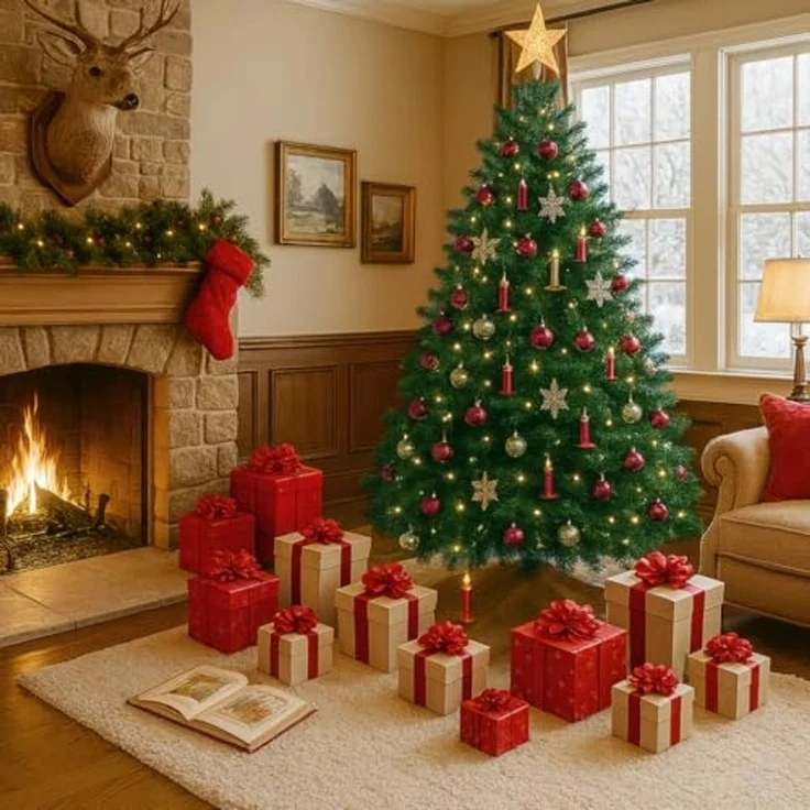 COMHOMA Künstlicher Weihnachtsbaum Weihnachtsdeko 195cm PVC Material mit 1000+ Spitzen Thickened Branches, mit dekorativen Schleifen & Grußkarten, stabiler Metallständer – Bild 2