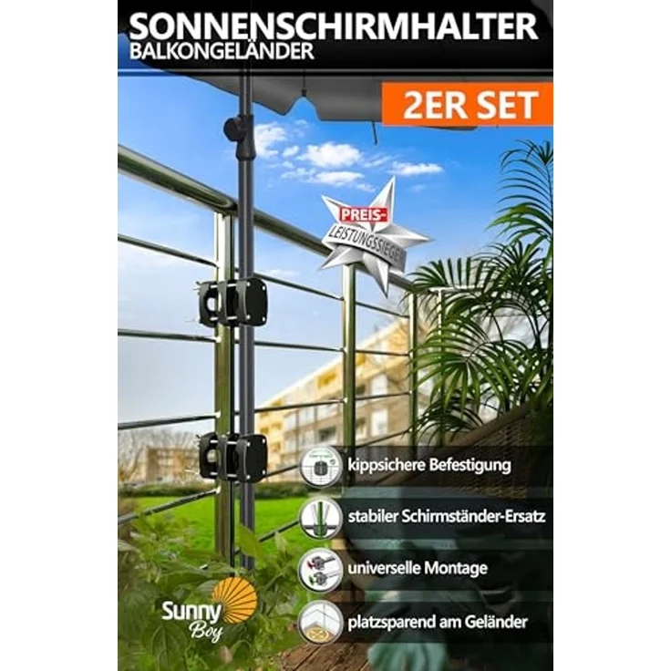4smile Sonnenschirmhalter Balkongeländer SunnyBoy - 2er Set, Schwarz - Sonnenschirm Halterung Balkon, flexibel verwendbar - Schirmhalterung Balkongeländer ersetzt Sonnenschirmständer Balkon – Bild 2