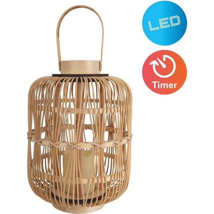 näve LED Dekolicht Korbinian, Timerfunktion, Leuchtmittel wechselbar, Warmweiß, Rattankorb natur mit Griff inkl. 1x LED-Kerze warmweiß, Timer, IP20