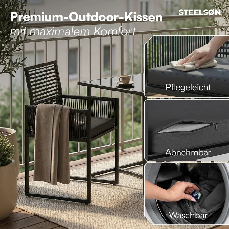 STEELSØN 'Kynaris' 3-tlg. Gartenmöbel-Set, Sitzgruppe aus 2 Polyrattan-Stühlen und Gartentisch, Metall, zusammenklappbar, schwarz/anthrazit, wetterfest – Bild 5