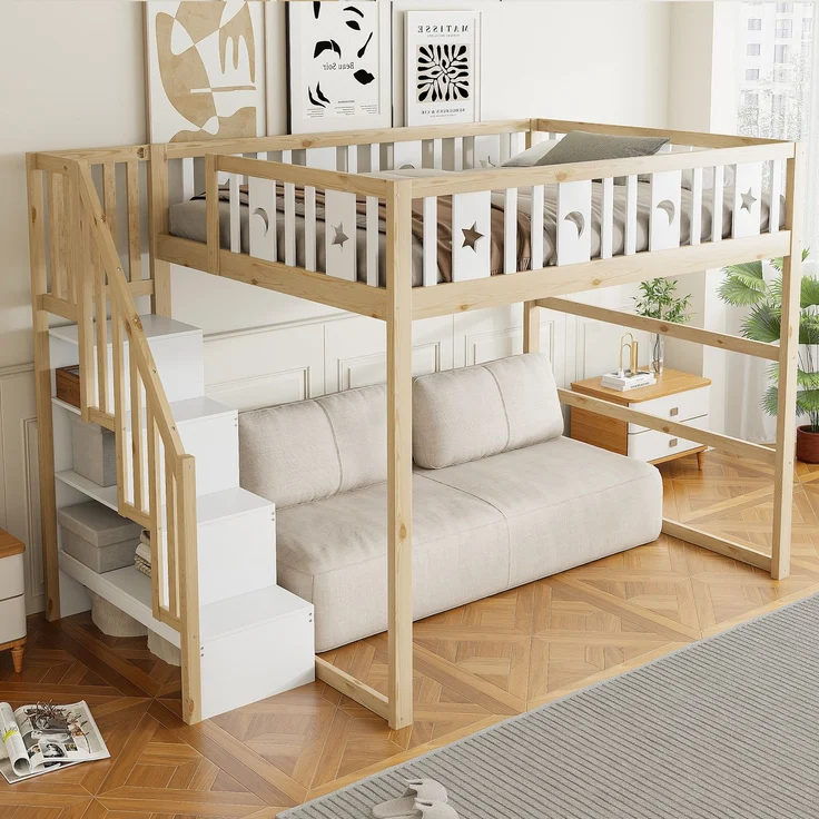 Merax Hochbett, Etagenbett für Kinder 140x200 mit Treppe, Kinderbett Aus Massivholz mit Sicherheitsgeländer, Weiß+Natur – Bild 1
