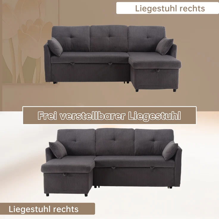 LVHOM Ecksofa mit Schlaffunktion L-Form, Sofa mit Bettkasten, Wohnzimmersofa mit Seitentasche, Couch Samtstoff, Bettsofa, 3 Sitzer – Bild 4