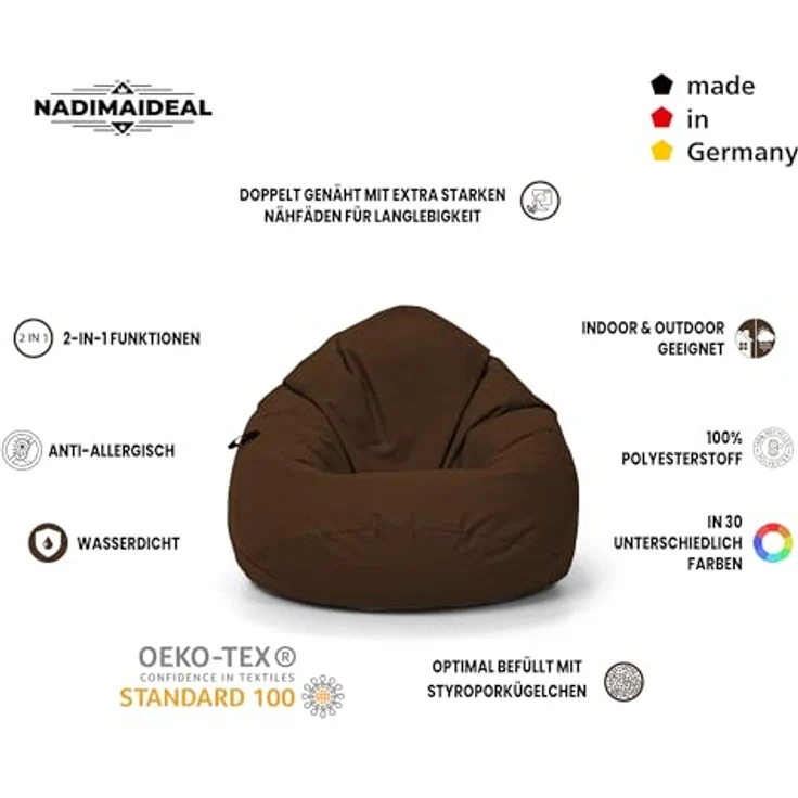 Nadimaideal Sitzsack Tropfenform Kastanie | Bodenkissen für Kinder & Erwachsene | Indoor & Outdoor | Gaming Sitzsack - Sitzkissen - Beanbag | Füllung EPS Perlen (Braun, XXL-Durchmesser 88 cm) – Bild 4