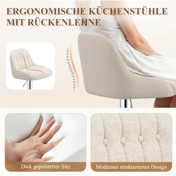 MALOL 360° Drehbarer Höhenverstellbarer Barhocker, Bar Hocker 4er Set mit Rückenlehne, Moderner Küchenhocker mit Metallfuß für Theke, Esszimmer, Barstuhl mit Kombination aus Leder und Bouclé, Beige – Bild 6