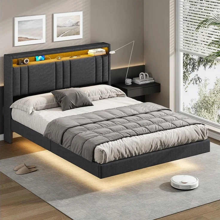 MSMASK Bettgestell Bett Bettgestell 140x190 cm, Bettrahmen mit LED-Beleuchtung, Leinenstoff Grau – Bild 3