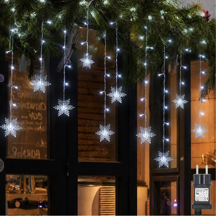 SERBASIC Lichtervorhang LED Schneeflocke Lichterkette, mit 8 Modi und Speicherfunktion, Timer, für Außen Weihnachten, Hochzeit, Balkon, Große Schneeflocke