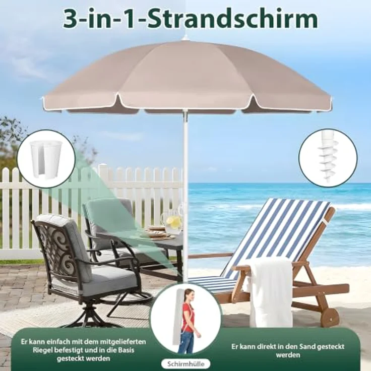 SUNULA Sonnenschirm 160 cm, knickbar mit Bodenhülse & Schutzhülle, höhenverstellbar und neigbar, UV-Schutz 50+, weiß mit silbernem Mast – Bild 2