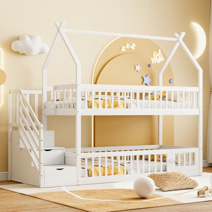 Kinder-Etagenbett, 90x200, Massivholzbett mit Dach, Sicherheitstreppe und Stauraumschubladen, Stauraum Kinderbett Einzelbett, Weiß, Holz, Weiß, 90 x 200 cm
