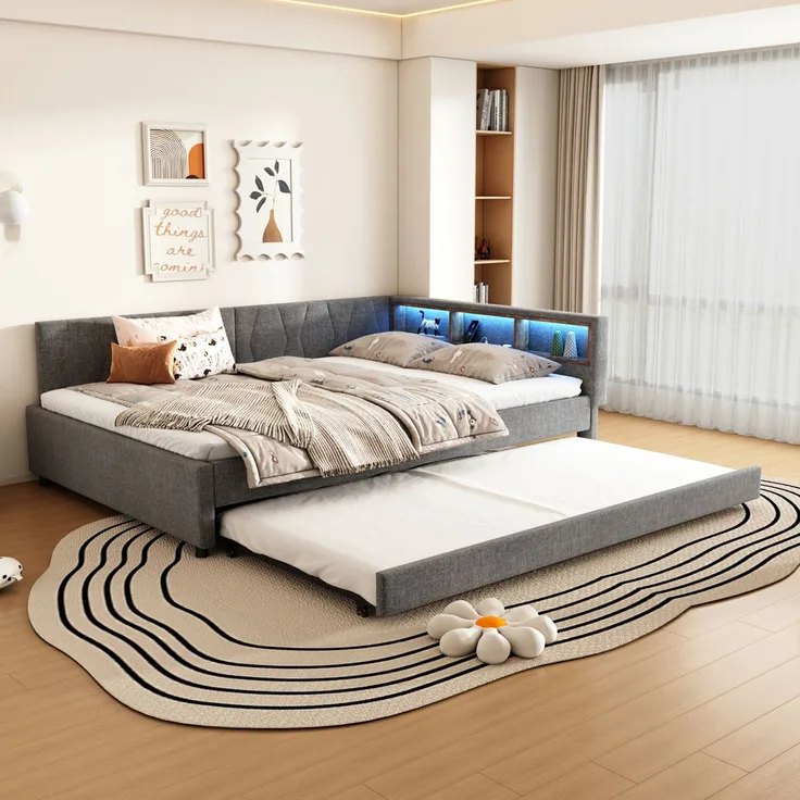 Merax Daybett LED Polsterbett Schlafsofa 140x200cm & Ausziehbett 90x190cm & Aufladen, grau