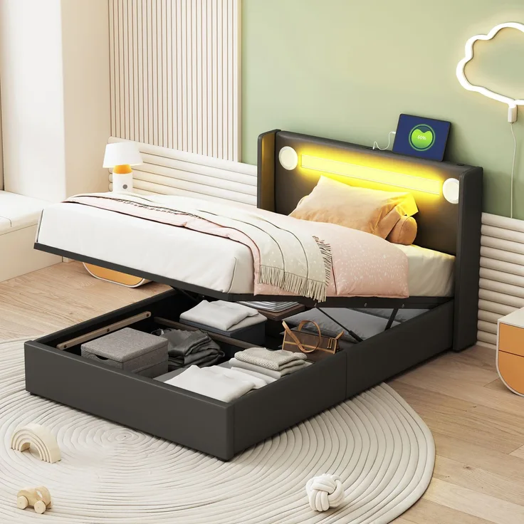 Polsterbett Kinderbett 90x200 Bett mit LED-Lichtleiste, Bluetooth-Player und USB-Aufladung, PU-Leder-Aufbewahrungsbett, Hochbettkasten, Jugendbett mit Lattenrost