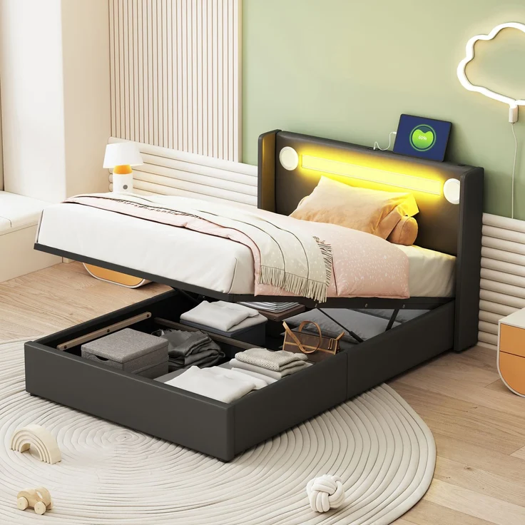 Polsterbett Kinderbett 90x200 Bett mit LED-Lichtleiste, Bluetooth-Player und USB-Aufladung, PU-Leder-Aufbewahrungsbett, Hochbettkasten, Jugendbett mit Lattenrost – Bild 1