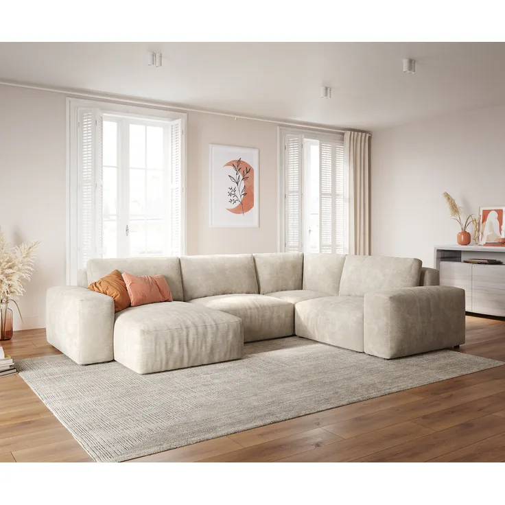 Wohnlandschaft Lanzo 300x210 cm Cord Beige Recamiere variabel