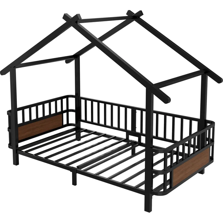 Kinderbett aus Metall in Hausform, 90 x 200 cm, mit Sicherheitsgitter, Dachdesign und dekorativem Rahmen, für Jungen und Mädchen, Schwarz – Bild 8