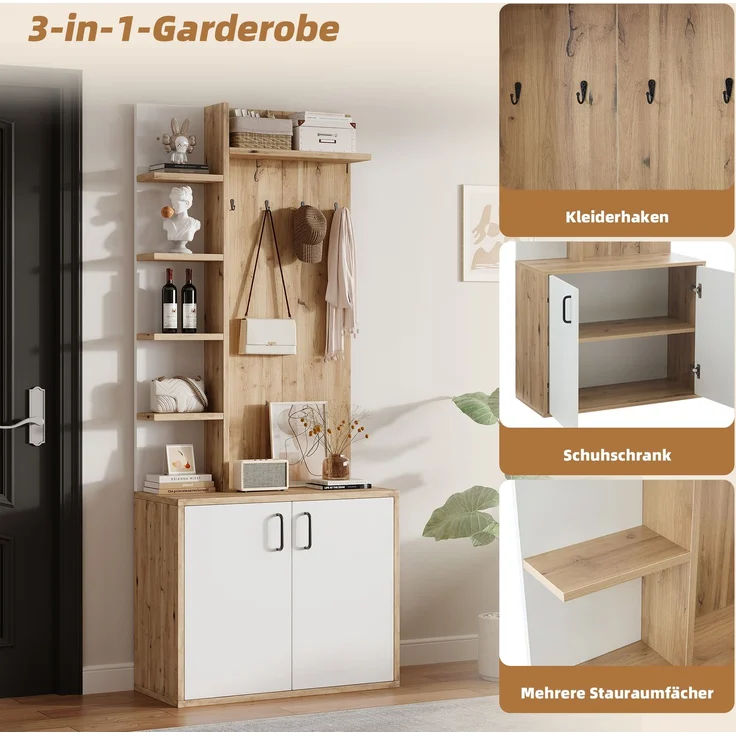 75*33*180cm Garderobenständer mit Garderobe, Schuhaufbewahrung, Flurausstattung mit Kleiderhaken, Flurschrank mit 5-lagiger Stauraumeinteilung und Stauraumschränken, Original Holzfarbe + weißes – Bild 8
