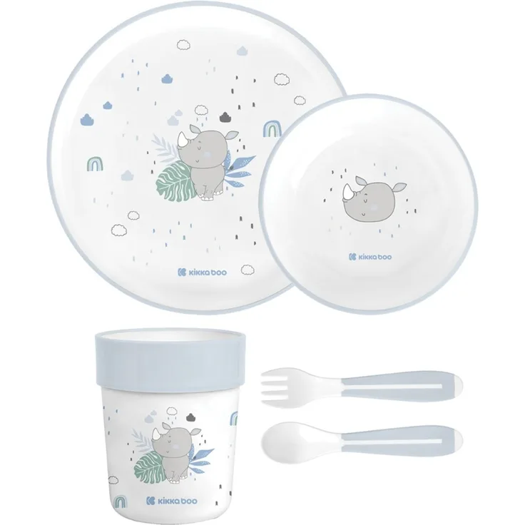Kikkaboo Kindergeschirr Set Savanna 5-teilig Tiermotiv, Schale, Teller, Besteck hellblau