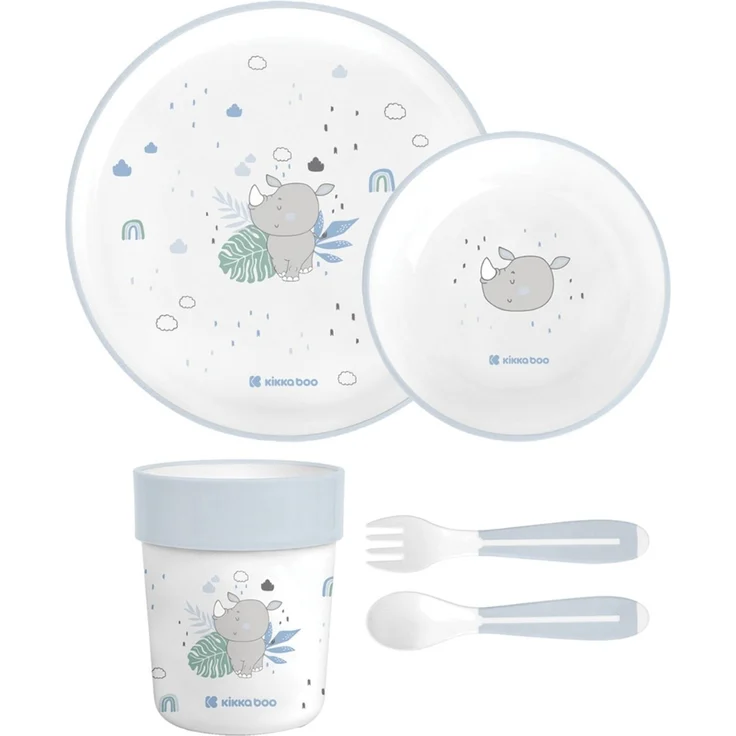 Kikkaboo Kindergeschirr Set Savanna 5-teilig Tiermotiv, Schale, Teller, Besteck hellblau