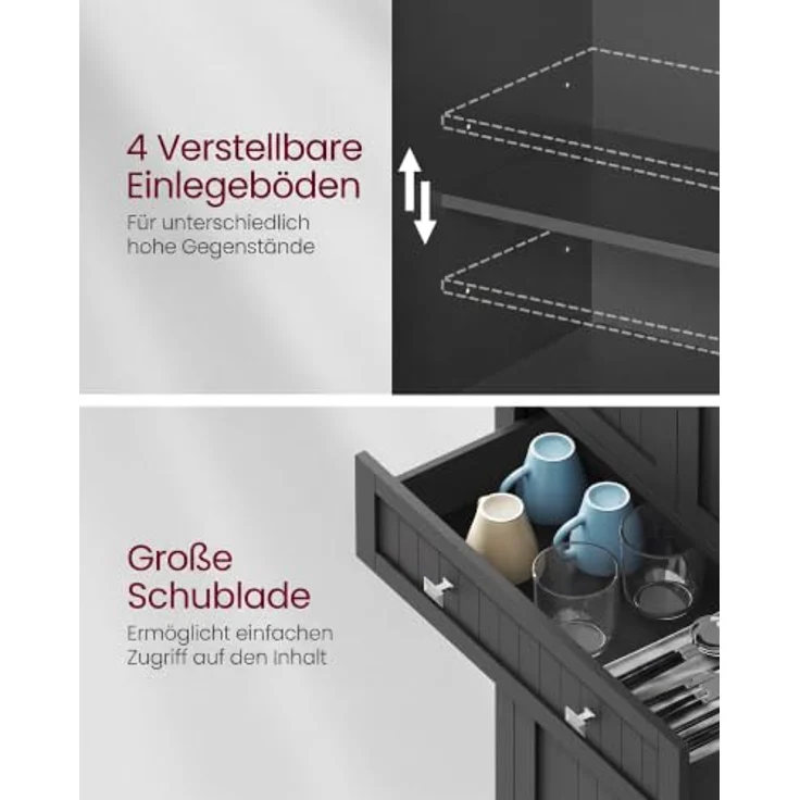 VASAGLE Küchenschrank, Schrank mit Schublade, Mehrzweckschrank freistehend, Ober- und Unterschrank, 4 verstellbare Ablagen, 6 Türfächer, Wohnzimmer Küche, 40 x 76 x 182,1 cm, tintenschwarz BBK561B01 – Bild 6