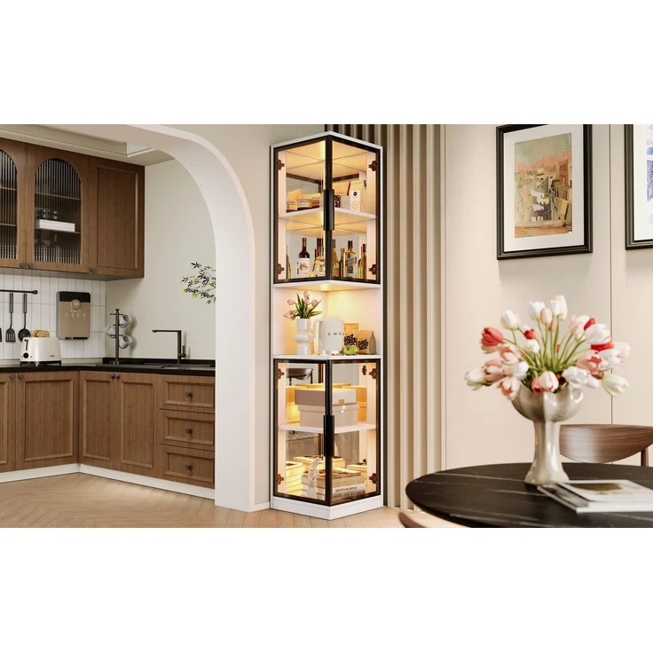 ZUBALIYA 205cm hoher LED-Vitrinenschrank mit doppelten Glastüren und verspiegelter Rückwand, mit farbwechselnder Beleuchtung und Kippschutzvorrichtung–elegant, vollständig transparent–Weinschrank, Bücherregal, Weiß – Bild 15