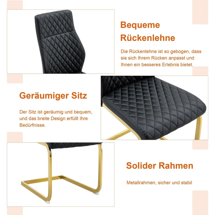 Esstischgruppe rund 60 cm aus MDF mit 2 Stühlen, goldfarbenem Metallgestell und PU-Leder in Schwarz – Bild 6