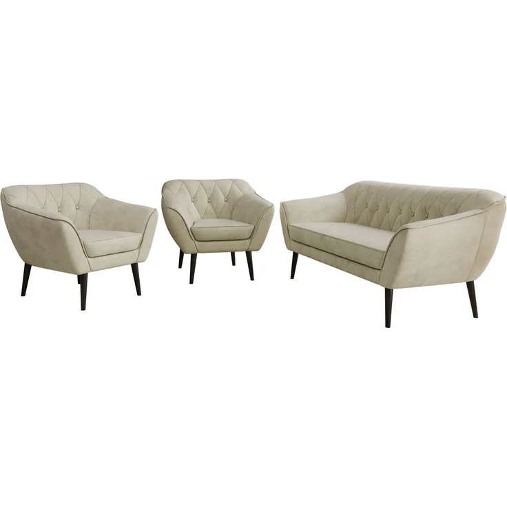 Wohnzimmerset PIRS 1-1-3, Skandinavisches 3-Sitzer Sofa mit Sesseln, Sofa mit Wellenfederung, schwarze Füße, Skandinavisches Möbelset - Beige Velvet – Bild 7