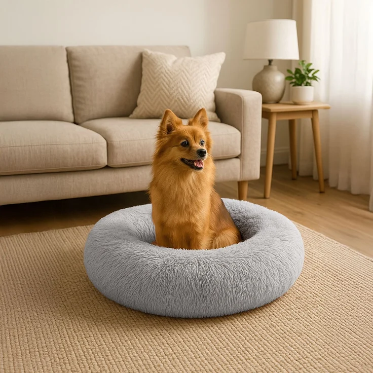 belviona Donut-Hundebett, kuscheliges Plüschbett mit weicher Füllung, sicherem Halt & ergonomischem Rand, 60 cm Durchmesser, hellgrau – Bild 1