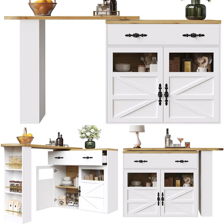 Ausziehbarer Bartisch mit Stauraum(138-204×39×104cm) , 360° drehbare Essbar,Moderner Beweglicher Bar Table,Hochtisch Kücheninsel Bistro Table, Sideboardschrank mit Regalen, weiß – Bild 2
