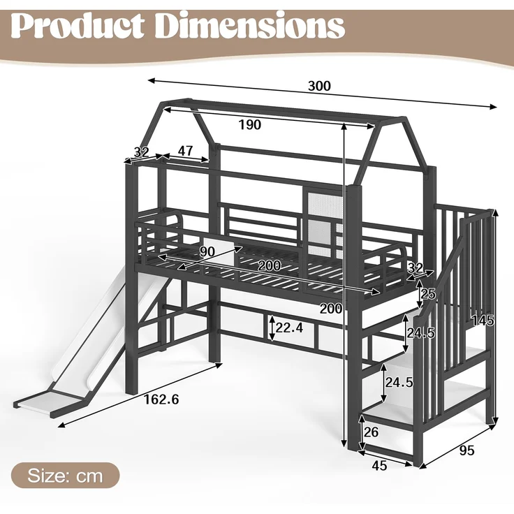 Abrihome Metall Hochbett Hausform für Kinder, Rutsche, Treppe, Stauraum, LED, Schwarz, 90x200 cm – Bild 3