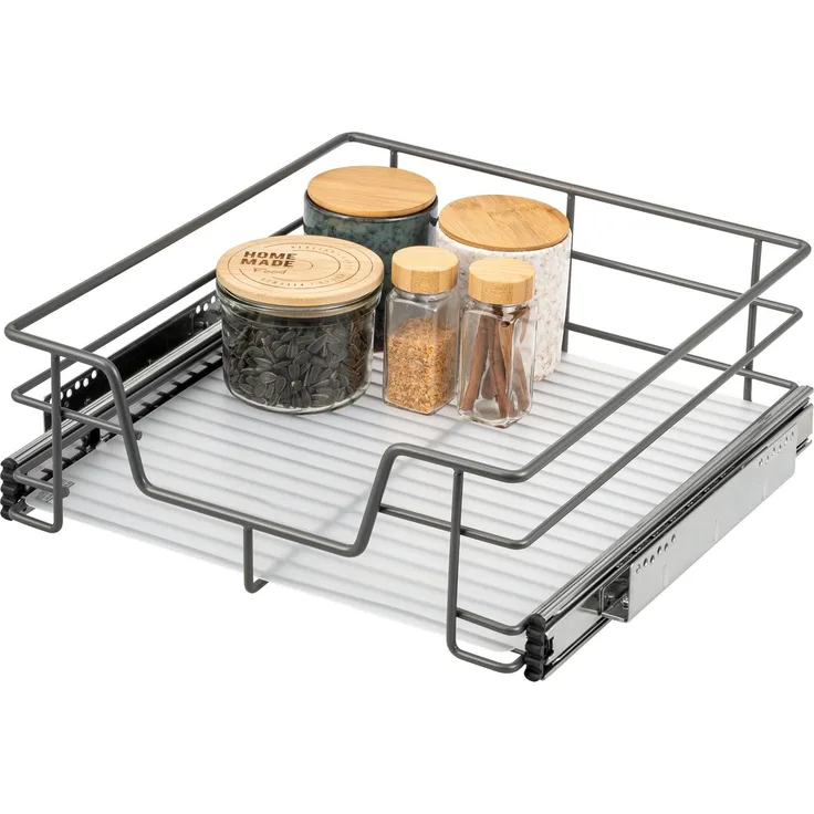 Teleskopschublade für 50 cm Schrank mit Einlegeboden, aus Metall, grau