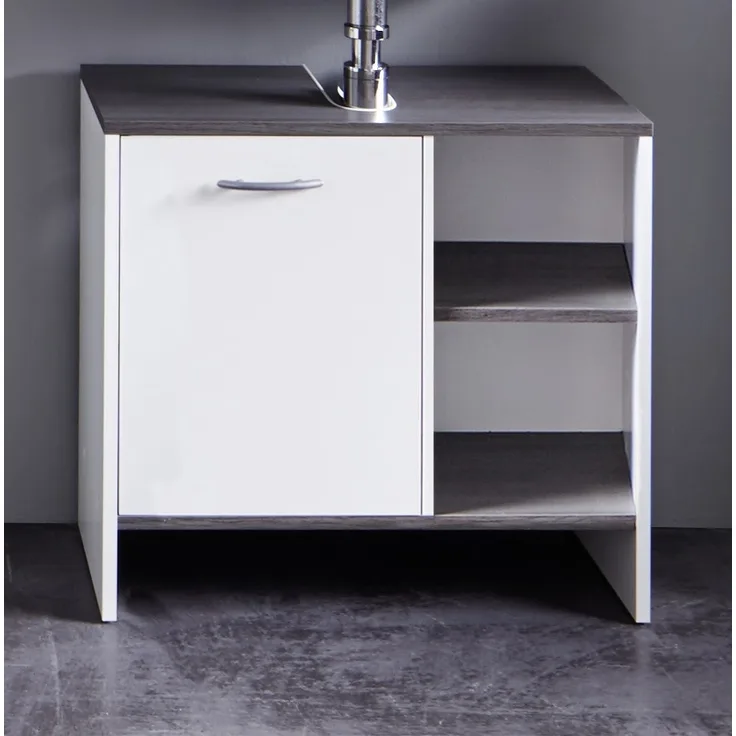 trendteam smart living Badezimmer Waschbecken Unterschrank Schrank California, 60 x 55 x 28 cm in Weiß, Absetzung Rauchsilber mit offenem Fach und viel Stauraum