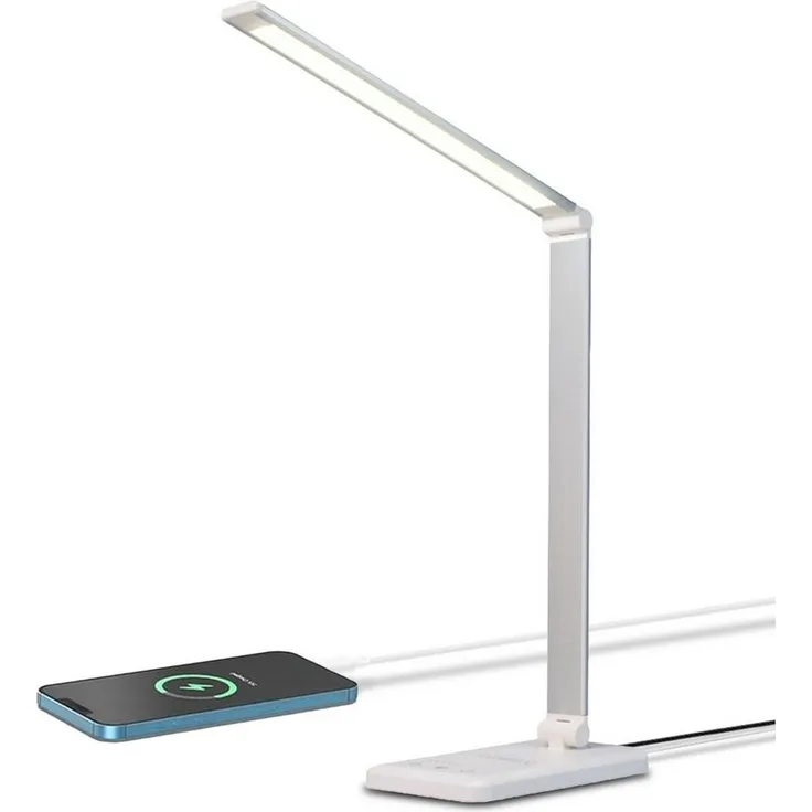 LQWELL Schreibtischlampe LED Schreibtischlampe Dimmbar Metallmaterial, LED wechselbar, 5 Farben & 10 Helligkeitsstufen Augenfreundliche Nachttischlampe, USB-Aufladung, Touch-Steuerung & Memory-Funktion