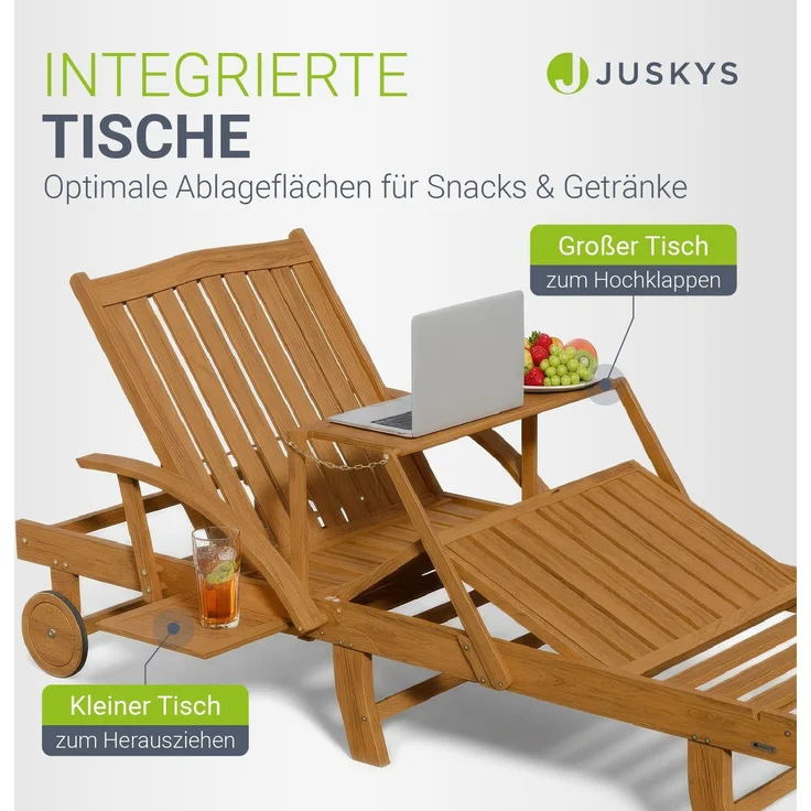 Juskys® 2er Set Sonnenliege SunScape - Natur, Akazie mit verstellbarem Tisch - 196x72,5x30 cm – Bild 4
