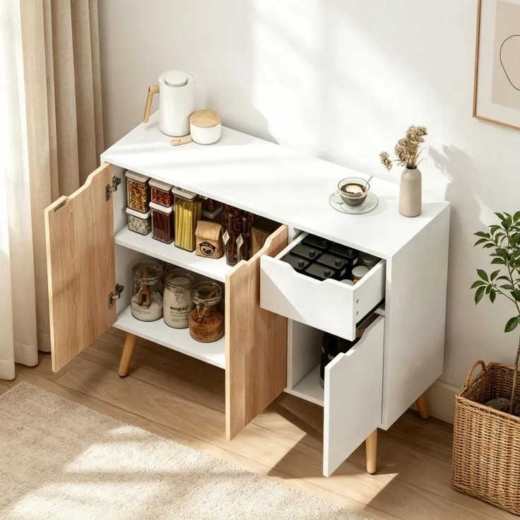 DESVIAE Sideboard Weiß/Helleiche aus Spanplatte/Kiefernholz – 90x72x30 cm – 2 Schränke, Schublade