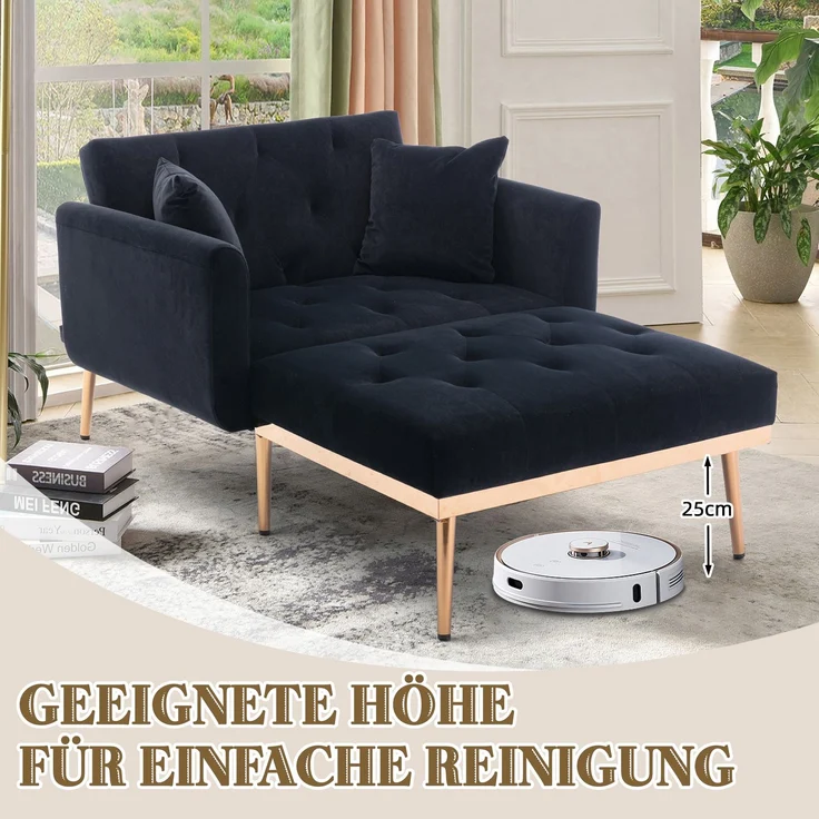 Relaxsessel mit verstellbarer Rückenlehne,3-stufig klappbarer Ruhesessel aus Plüschstoff mit 2 Kissen,Schwarz – Bild 7