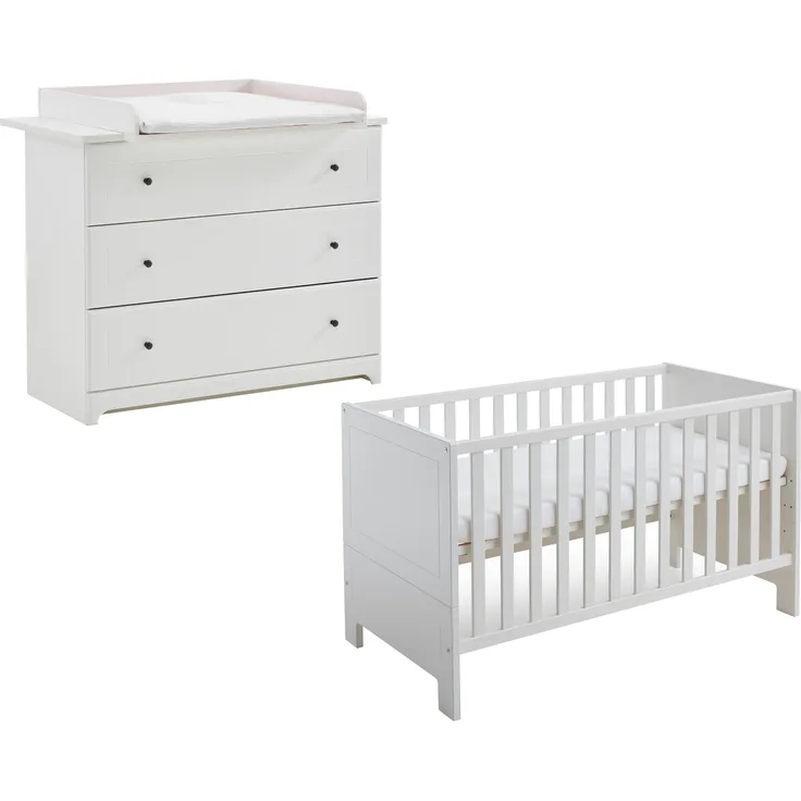 Arthur Berndt 'Thilo' Babyzimmer Sparset 2-teilig, Kinderbett (70x140 cm) und Wickelkommode mit Wickelaufsatz MDF Weiß