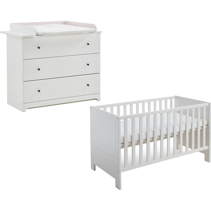 Arthur Berndt 'Thilo' Babyzimmer Sparset 2-teilig, Kinderbett (70x140 cm) und Wickelkommode mit Wickelaufsatz MDF Weiß – Bild 1