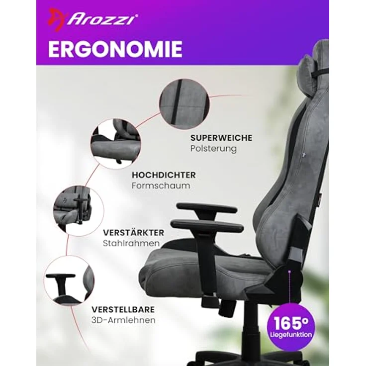 Arozzi Torretta Supersoft, ergonomischer Gaming Stuhl mit 3D Armlehnen, 165° Rückenlehne und bis zu 120 kg Belastbarkeit, anthracite – Bild 3