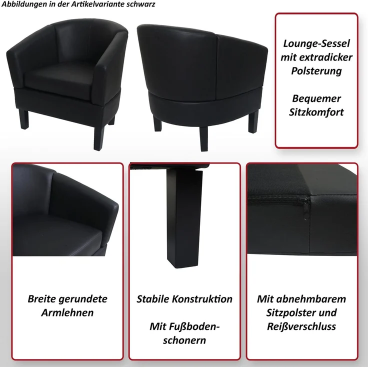 Lounge-Sessel HWC-O17, Sessel Clubsessel Cocktailsessel, FSC®-zertifiziert Kunstleder ~ schwarz – Bild 2