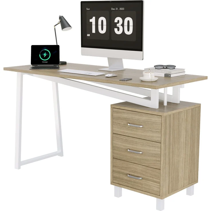 Schreibtisch 130x55x75 cm mit 3 Schubladen, MDF in Naturholzoptik und weißem Stahlrahmen – Bild 4