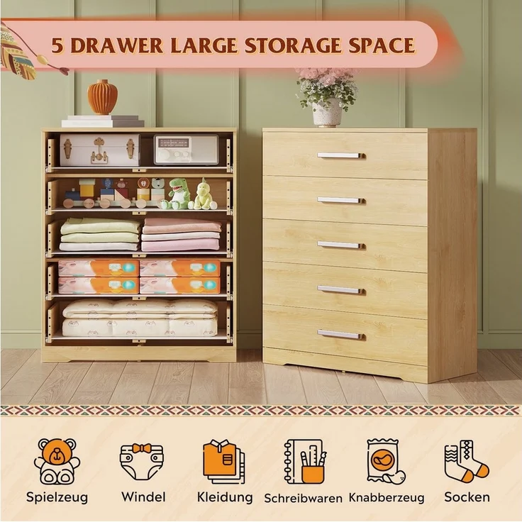 WLIVE Kommode mit 4/5 Schubladen, Moderne Schubladenkommode (Packung, Modernes Sideboard mit 5 Schubladen und 4 Fächern, Breite 75 cm), Vielseitiger Schubladenschrank für Schlafzimmer, Flur & Kinderzimmer – Bild 3