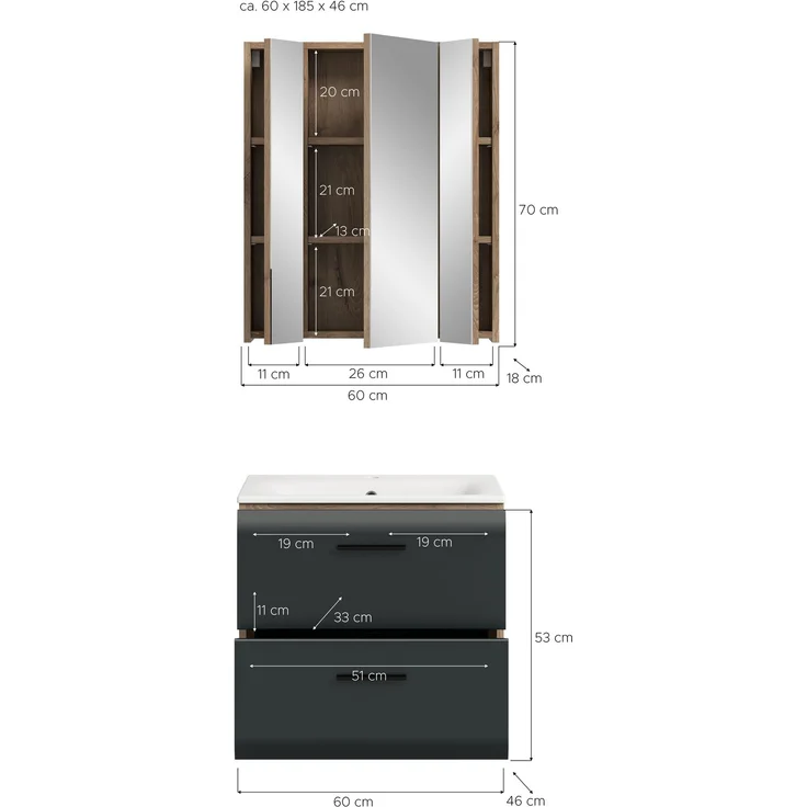 Badkombination (B/H/T: 60x185x46 cm) in schwarz matt und Nox Oak Nachbildung – Bild 4