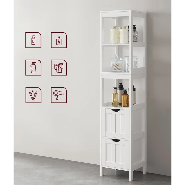 Vasagle Badezimmerschrank mit 2 Schubladen und 3 offene Fächer, MDF, 30 x 30 x 141,5 cm, Weiß – Bild 5