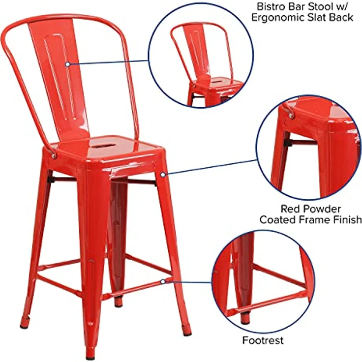 Flash Furniture Lily Hocker in handelsüblicher Qualität, 61 cm hoch, Metall, für drinnen und draußen, mit Abnehmbarer Rückenlehne, Rot, 4 Stück – Bild 8