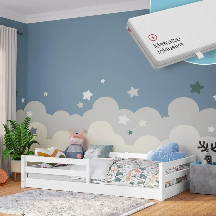 Bellabino Iskri Bodenbett 120x200 cm – Montessori Kinderbett mit Matratze, Rausfallschutz & Lattenrost – Holzbett für Jungen & Mädchen aus Kiefer Massivholz in Weiß – Kleinkindbett – Bild 1