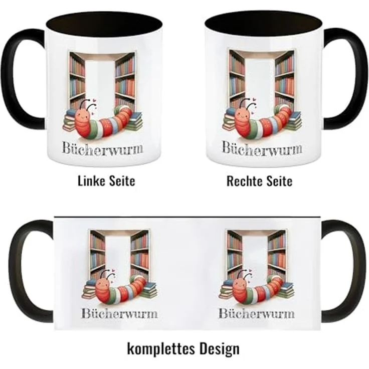 speecheese Tasse Bücherwurm Kaffeebecher in schwarz mit Wurm in der Bibliothek – Bild 4
