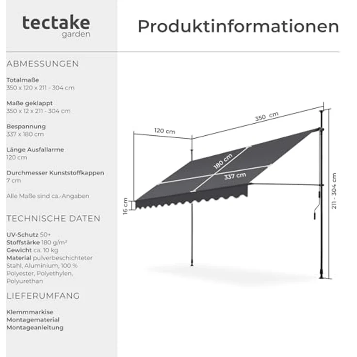 tectake® Klemmmarkise mit Handkurbel, Balkon Markise ohne Bohren, Markise höhenverstellbar, UV-beständig, wasserabweisend, Terrassenüberdachung, Sonnenschutz Terrasse & Balkon, 350 cm - schwarz/grau – Bild 7