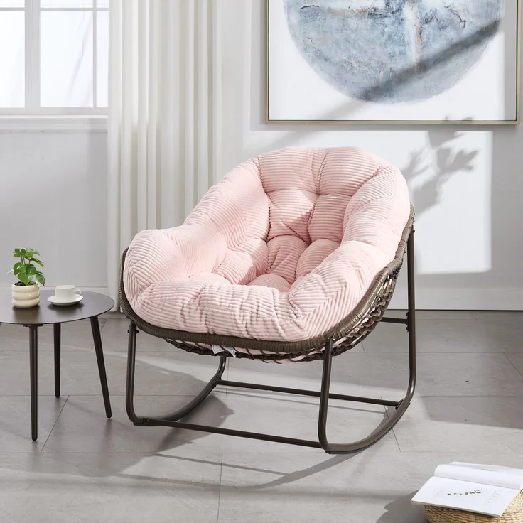 LVHOM Schaukelstuhl mit gepolstertem Kissen, Rattanstuhl mit Stahlrahmen, Lounge Sessel, Schaukelsessel, 1 St, für Balkon/Garten/Wohnzimmer/Schlafzimmer – Bild 5