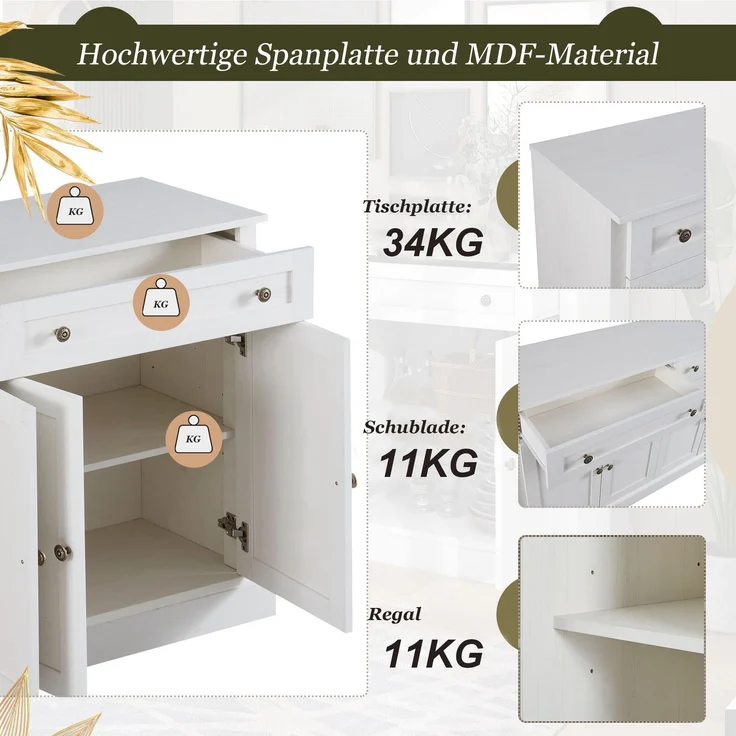 Sideboard Buffetschrank Weiß mit Naturholzplatte, 4 Türen & 2 Schubladen, großer Aufbewahrungsschrank für Küche Wohnzimmer Flur – Bild 5